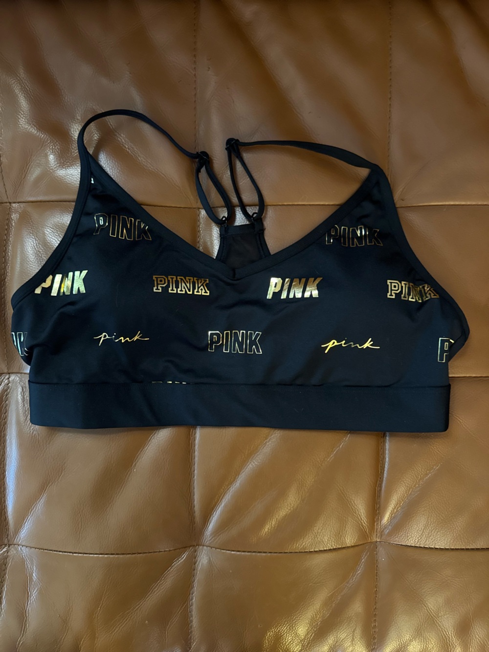 Victoria's Secret PINK Black Padded Sports Bra with Metallic Gold Logos